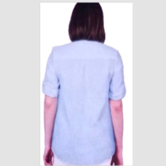 NWOT Nicole Miller Linen Button Up 3/4 Roll Tab Sleeve Top Pockets sz L Sky Blue - Picture 4 of 14